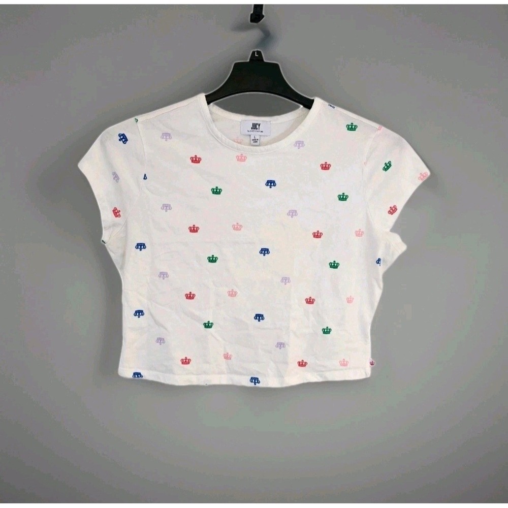 Juicy Couture Crown Print Large Crop Top  Cotton‎ Short Sleeve White
